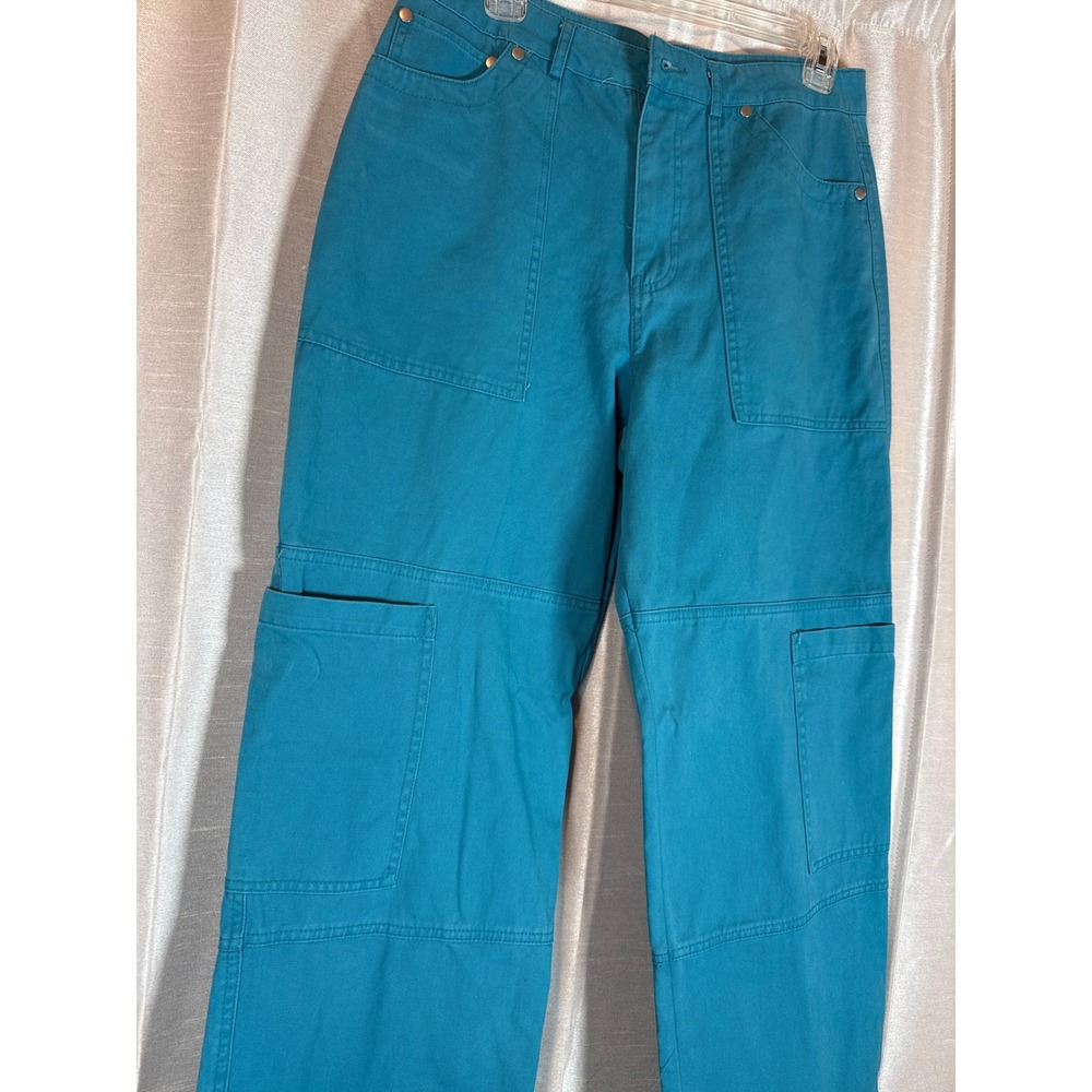 NWT Forever 21 Teal Blue Cargo Pants Wide Leg Utility Pocket Women's Size L - Picture 2 of 6